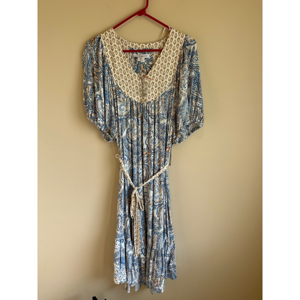 Lucky Brand Blue Paisley Boho Midi Dress Short Puff Sleeve V-Neck Rayon Womens M